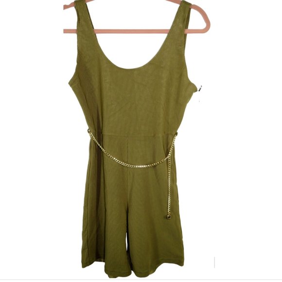 We Wore What Women's Olive Ribbed Romper, Gold Tone Chain Belt, Size M - Picture 2 of 11